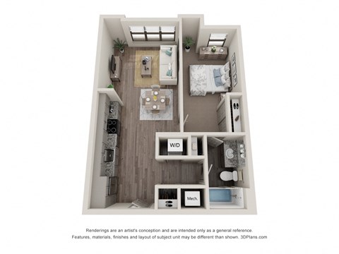 Floor plan for 1 bed, 1 bath, 624 sqft